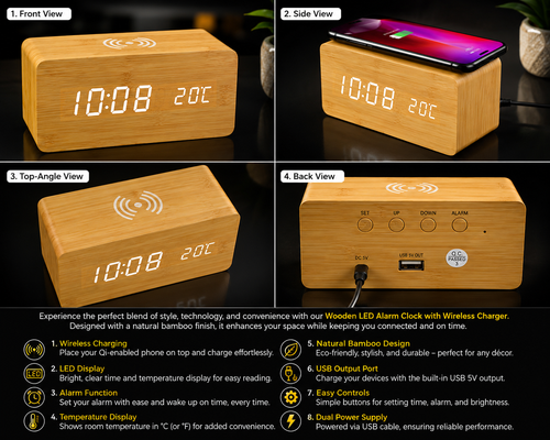 Bamboo Alarm Clock Wireless Charger Showcase