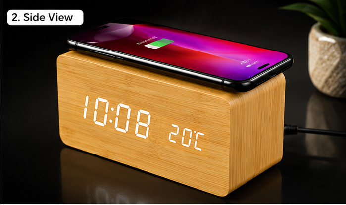wooden Alarm Clock Wireless Charger Showcase